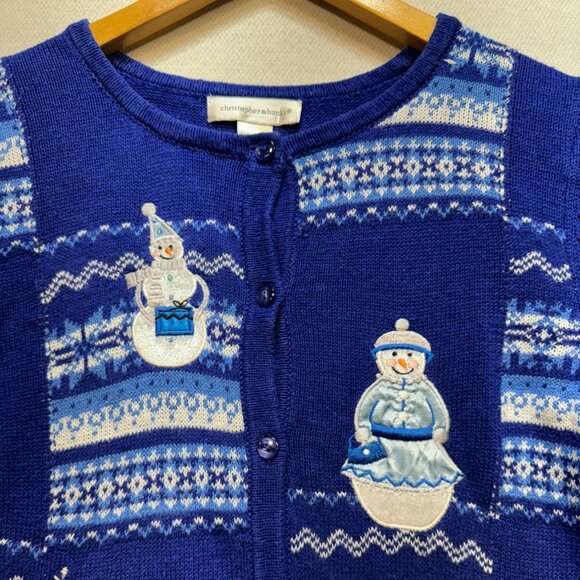 Christopher & Banks Women Cardigan Sweater Medium Blue Snowman Holiday Button Up - Picture 4 of 10